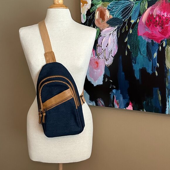 EUC Denim and Tan Sling Bag Unisex - Picture 1 of 14